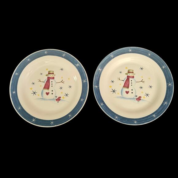 Set of 2 Snowman Christmas Dinner Plates 10.5" Blue Rim Holiday Winter Dinnerwar - Picture 4 of 5